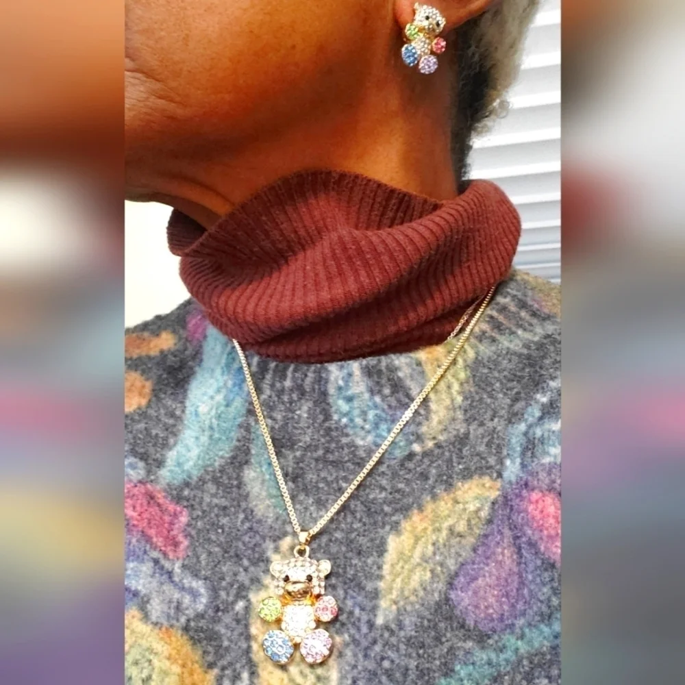 Multi Colored Austrian Crystal Teddy Bear Necklace & Earrings In Stainless Steel